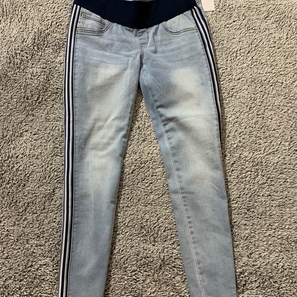 blue and white striped maternity jeans